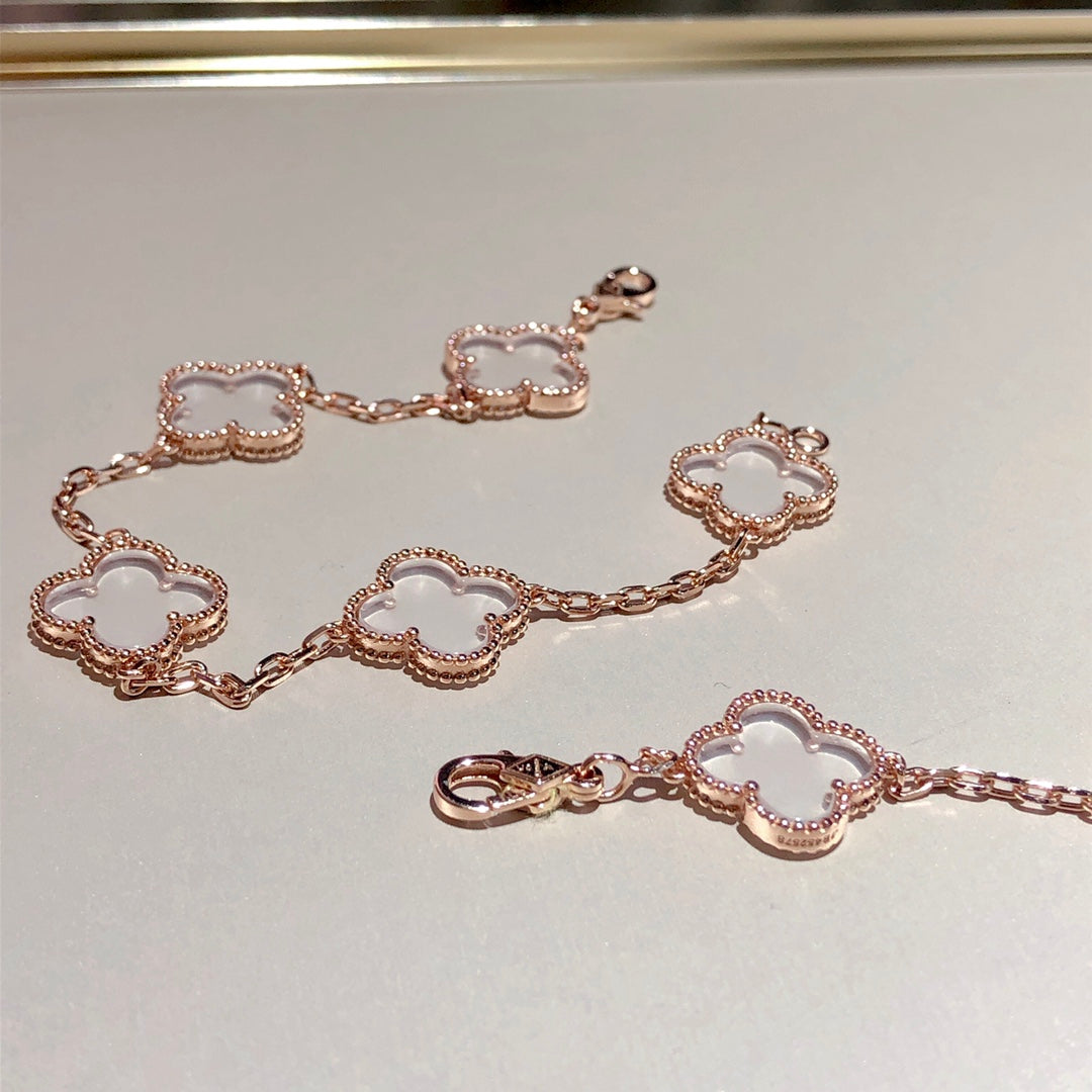 [Solara Jewelry]CLOVER 5 MOTIF ROCK CRYSTAL PINK GOLD BRACELET