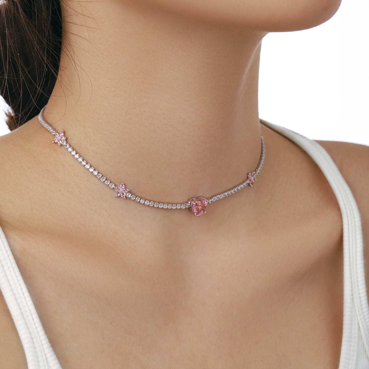 [Solara Jewelry]Dazzling Pink Heart Flower Necklace