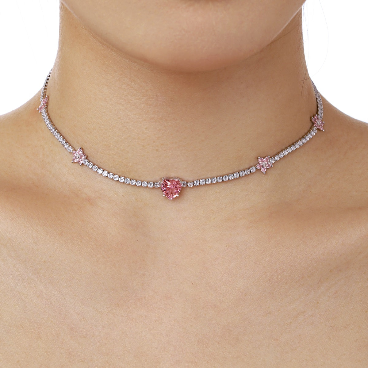[Solara Jewelry]Dazzling Pink Heart Flower Necklace