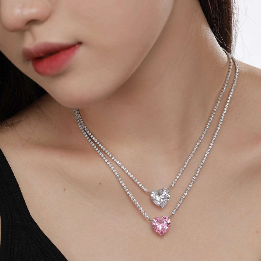 [Solara Jewelry]8.0 Carat Versatile Colorful Sweet Heart-Shaped Tennis Necklace