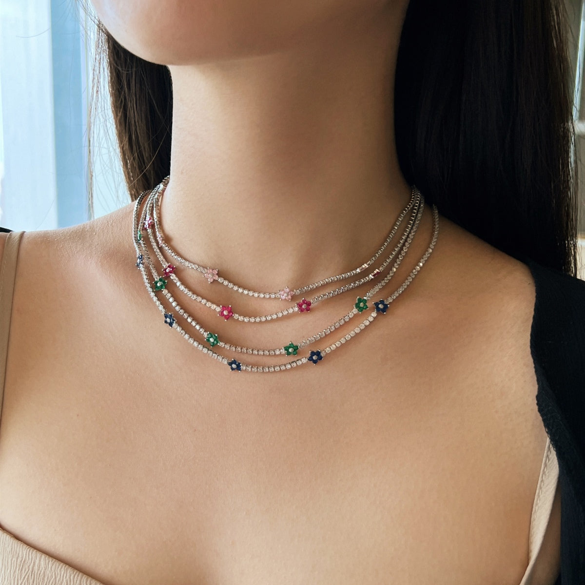 [Solara Jewelry]Luxurious Colorful Flower Tennis Necklace
