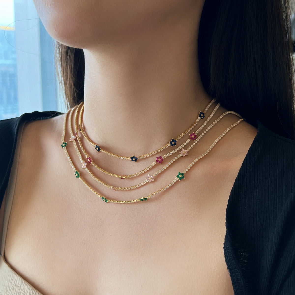 [Solara Jewelry]Luxurious Colorful Flower Tennis Necklace