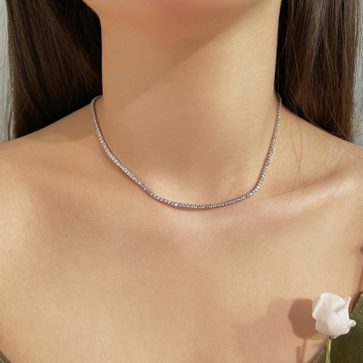 [Solara Jewelry]Delicate Round Shape Tennis Necklace