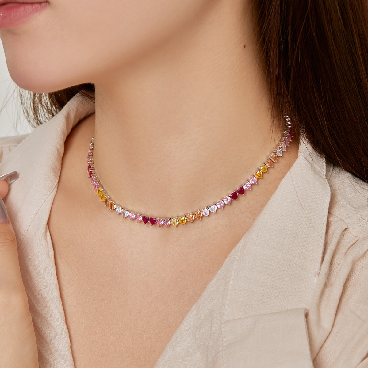 [Solara Jewelry]Sparkling Colorful Full Heart Tennis Necklace