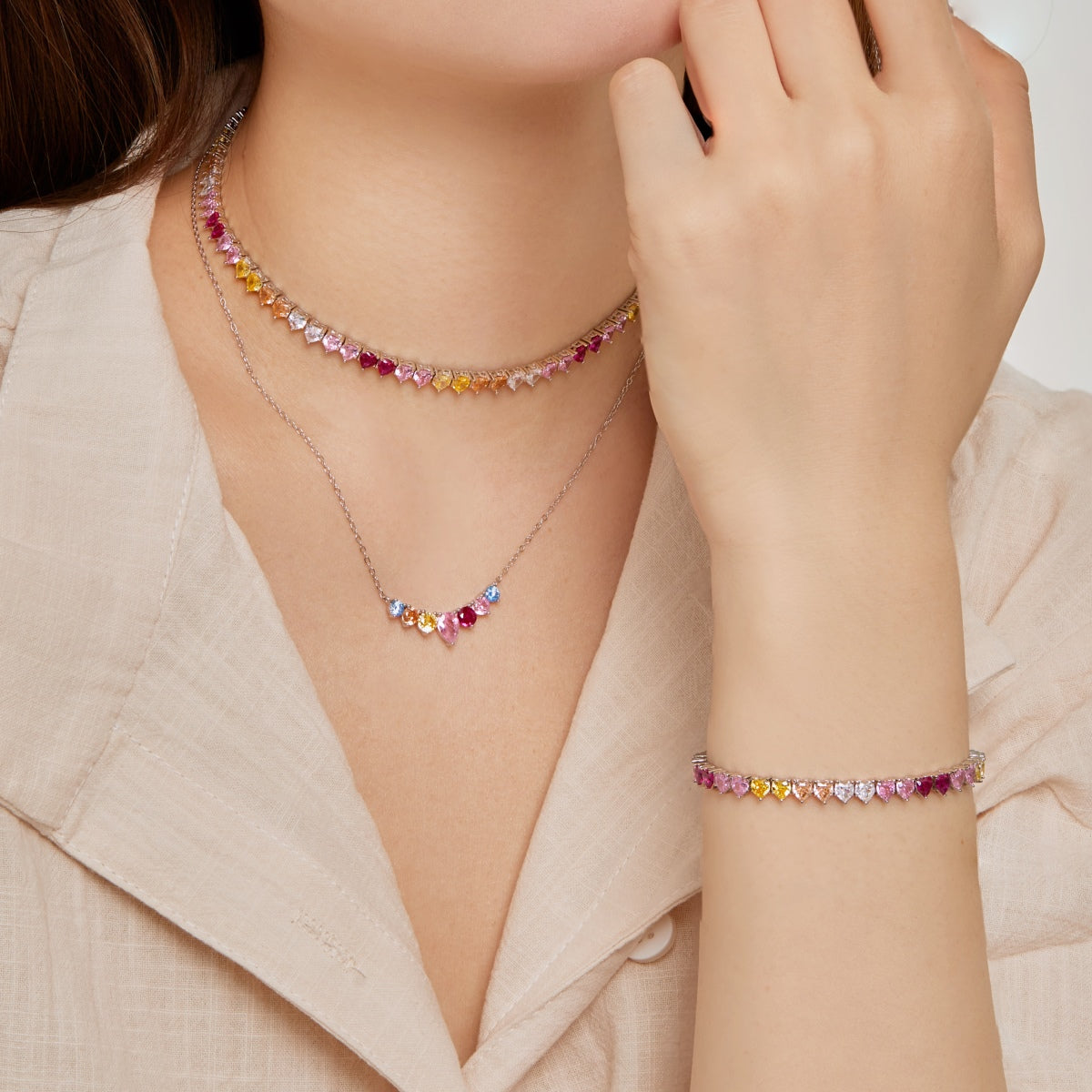 [Solara Jewelry]Sparkling Colorful Full Heart Tennis Necklace