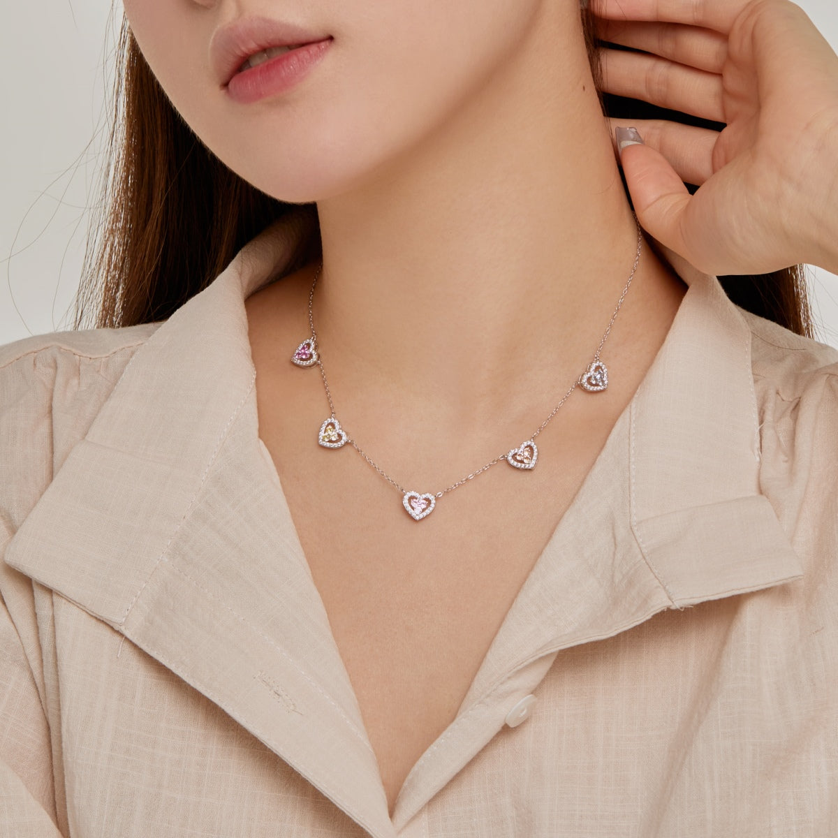 [Solara Jewelry]Sparkling Five Heart Necklace