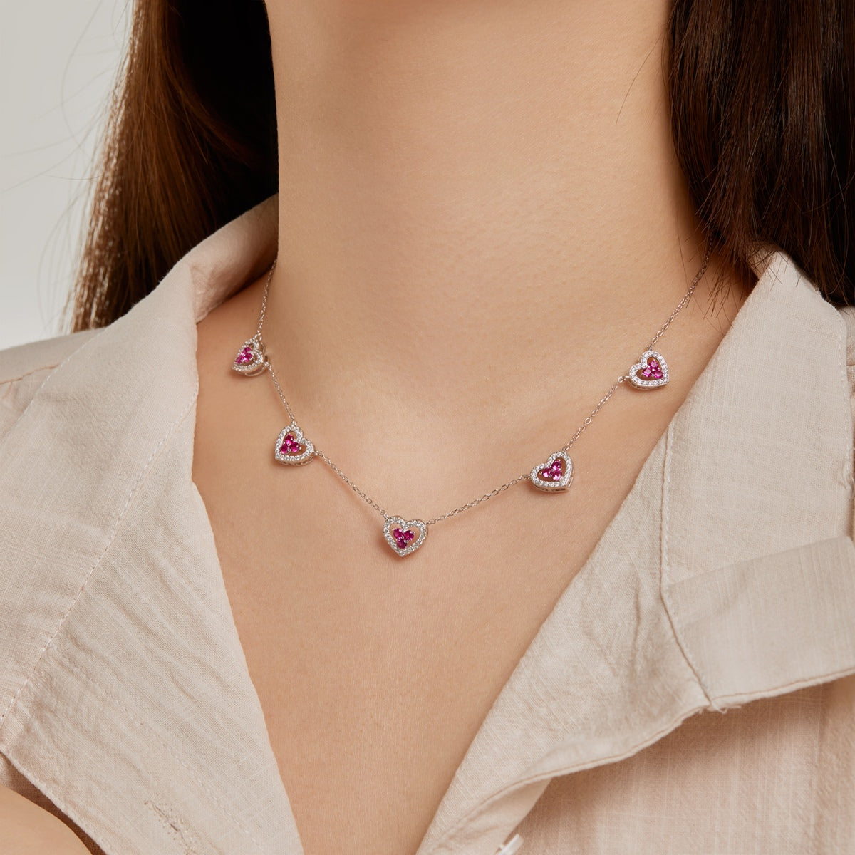 [Solara Jewelry]Sparkling Five Heart Necklace