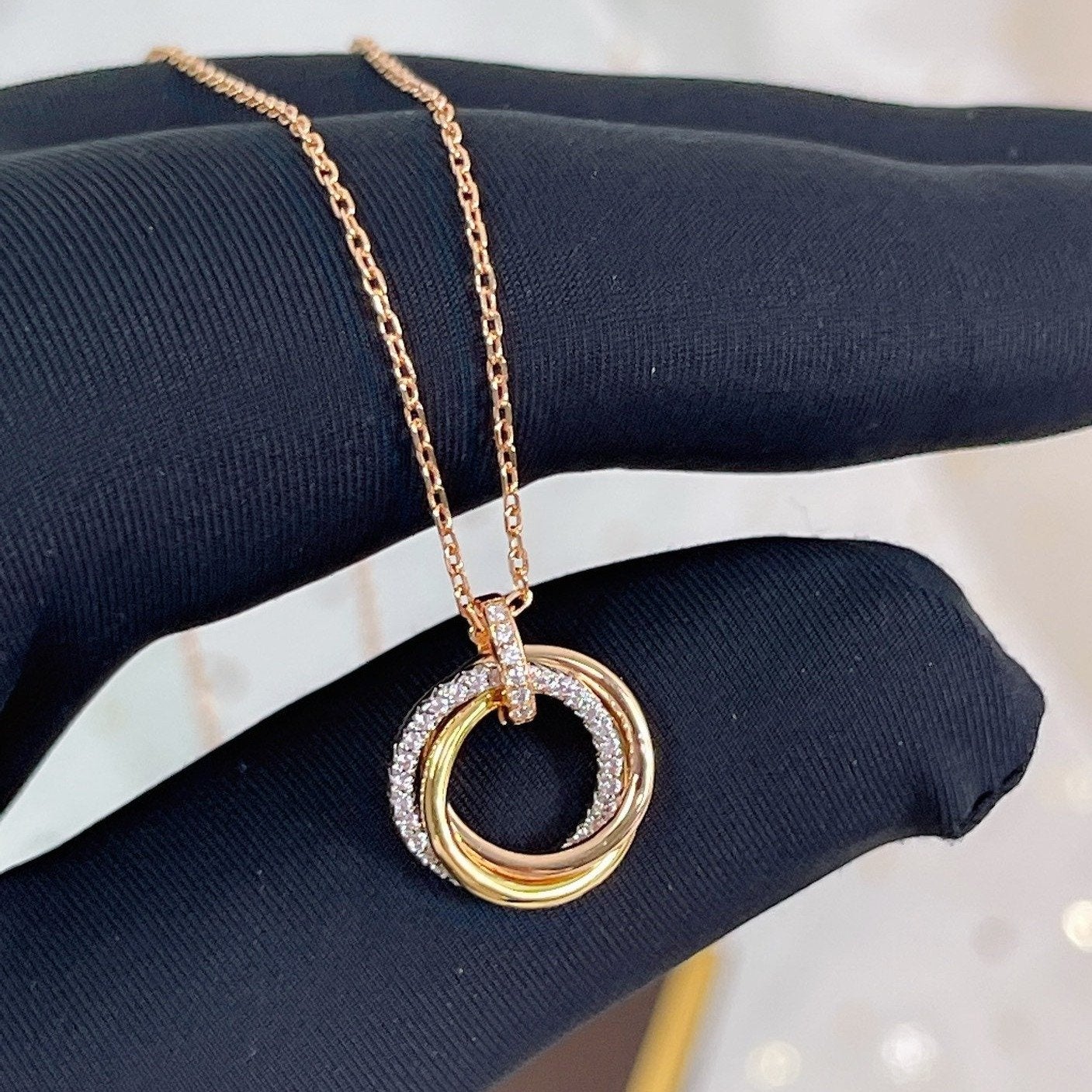 [Solara Jewelry]TRINITY NECKLACE SILVER GOLD PINK GOLD DIAMONDS