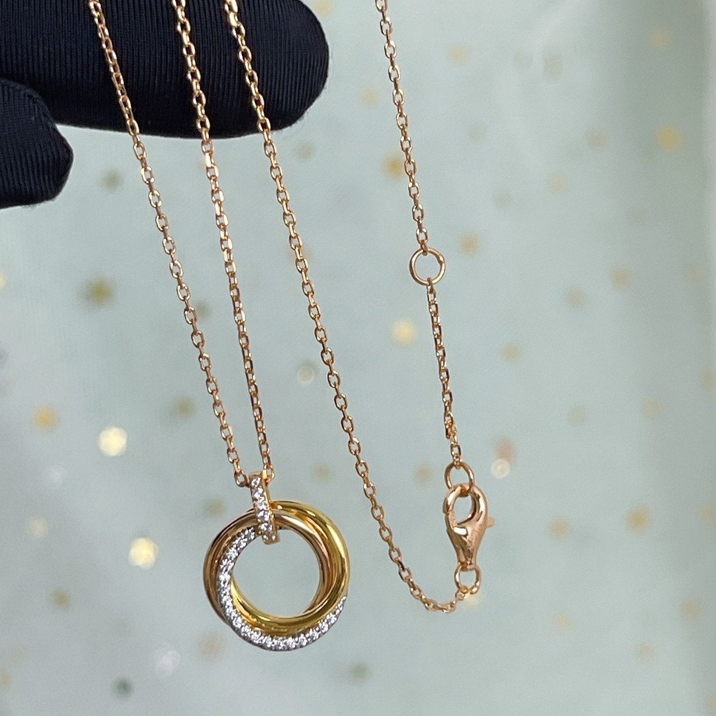 [Solara Jewelry]TRINITY NECKLACE SILVER GOLD PINK GOLD DIAMONDS