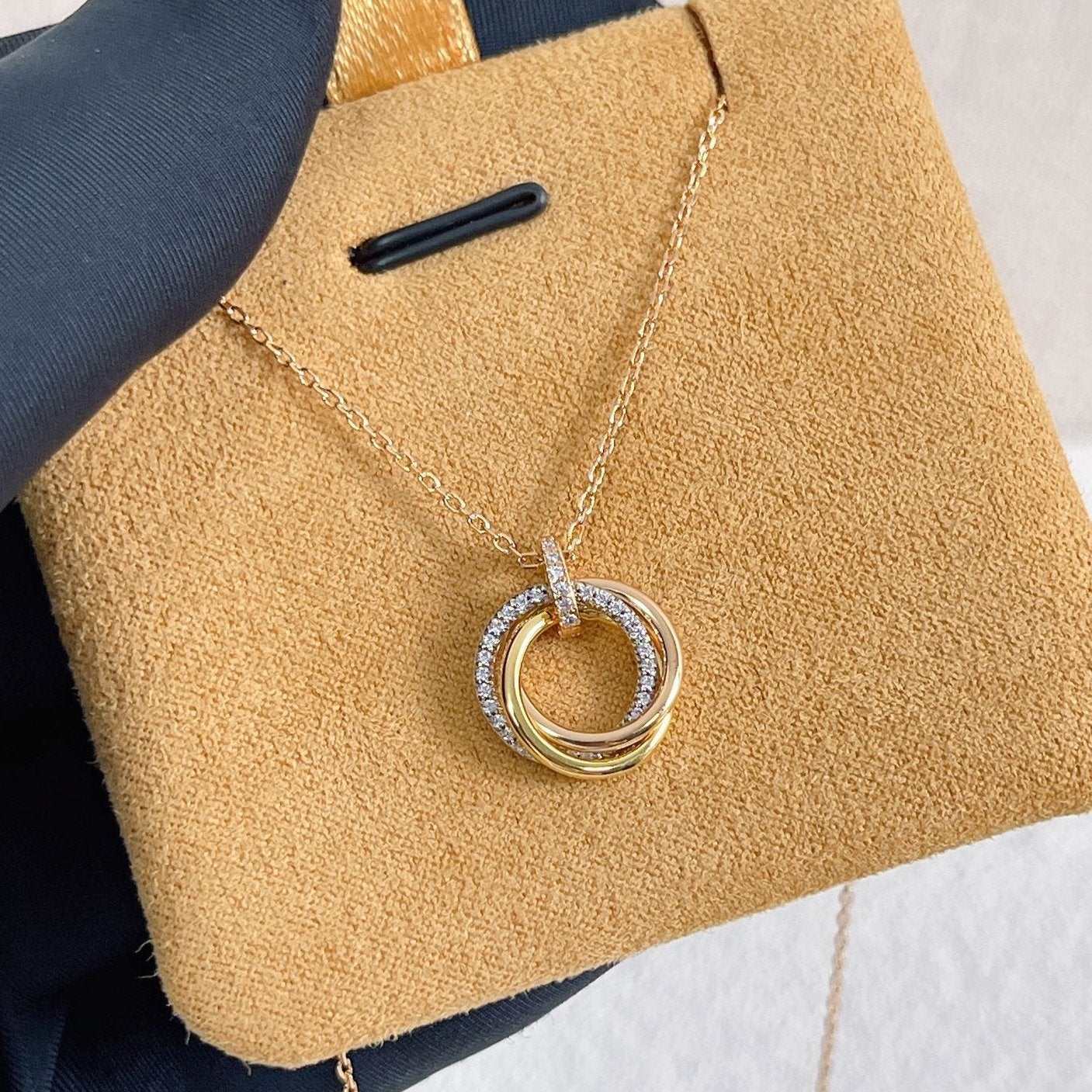 [Solara Jewelry]TRINITY NECKLACE SILVER GOLD PINK GOLD DIAMONDS