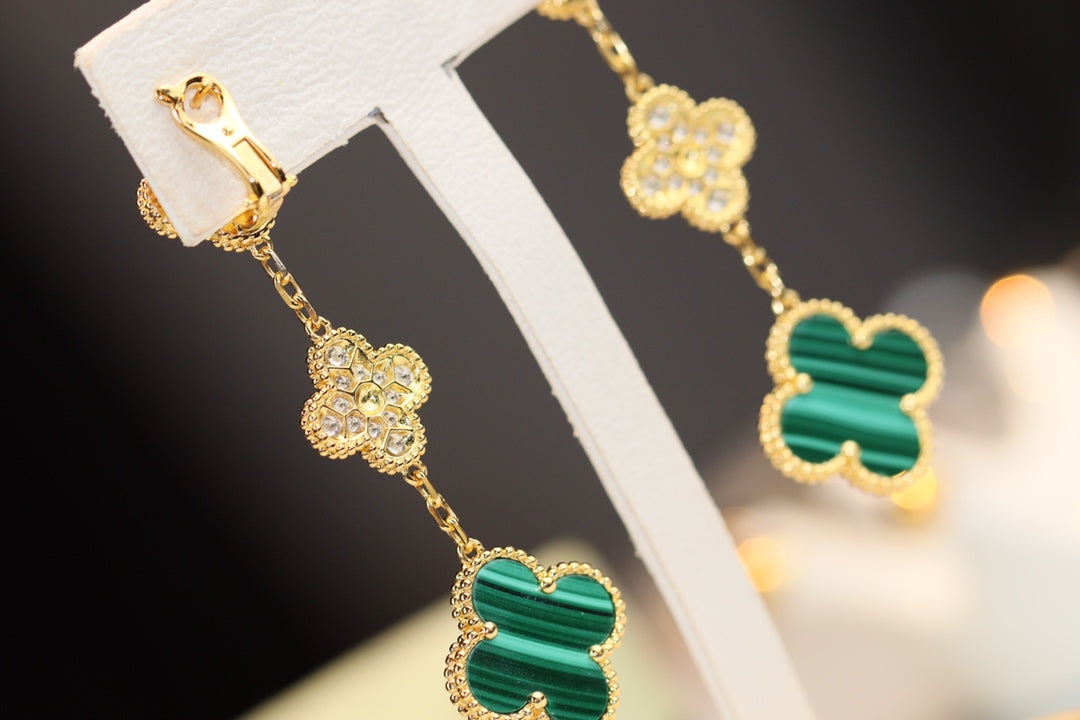 [Solara Jewelry]CLOVER EARRINGS GOLD MALACHITE DIAMOND 3 MOTIF