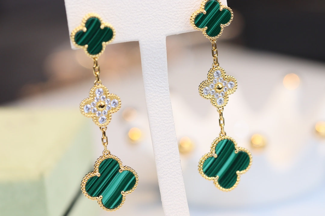 [Solara Jewelry]CLOVER EARRINGS GOLD MALACHITE DIAMOND 3 MOTIF