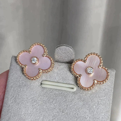 [Solara Jewelry]CLOVER MEDIUM 1 MOTIFS  PINK MOP DIAMOND EARRINGS
