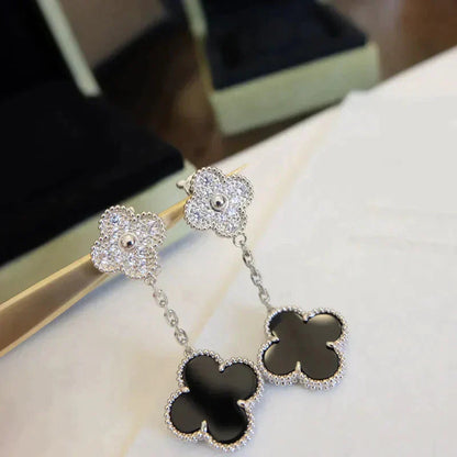 [Solara Jewelry]CLOVER 2 MOTIFS  DIAMOND ONYX EARRINGS SILVER