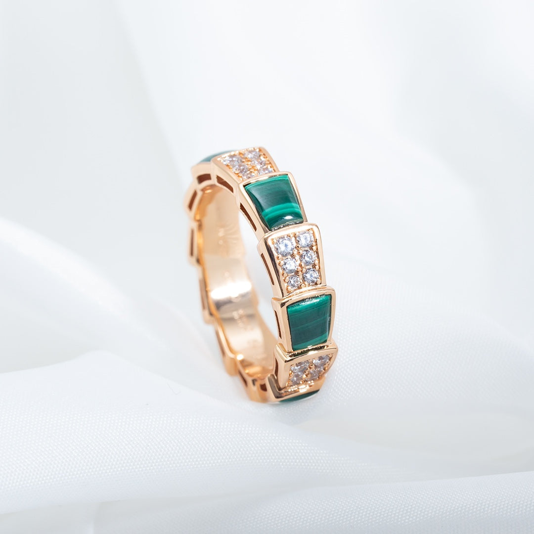 [Solara Jewelry]SERPENTI RING PINK GOLD MALACHITE DIAMOND PAVED 4MM
