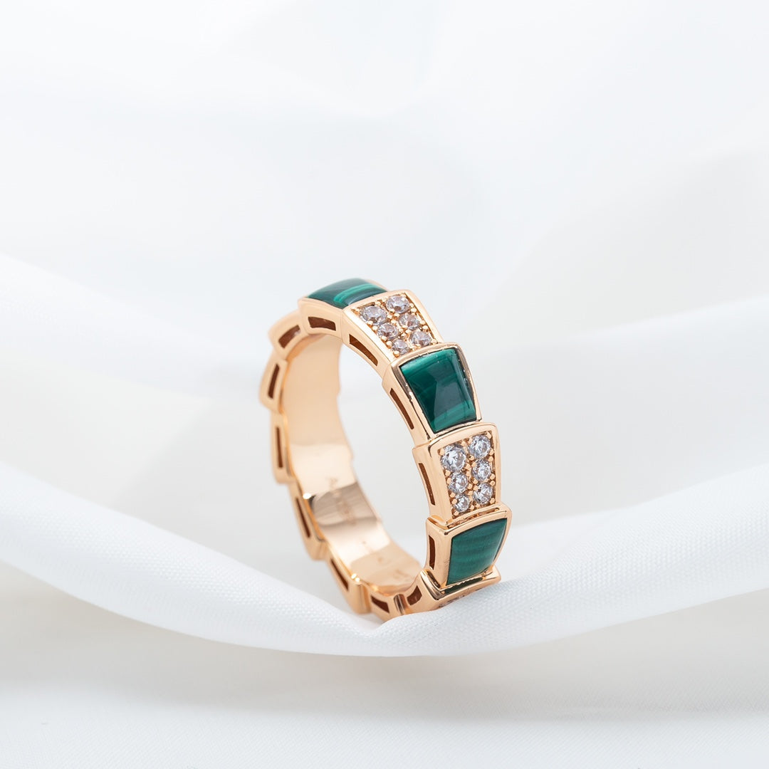 [Solara Jewelry]SERPENTI RING PINK GOLD MALACHITE DIAMOND PAVED 4MM