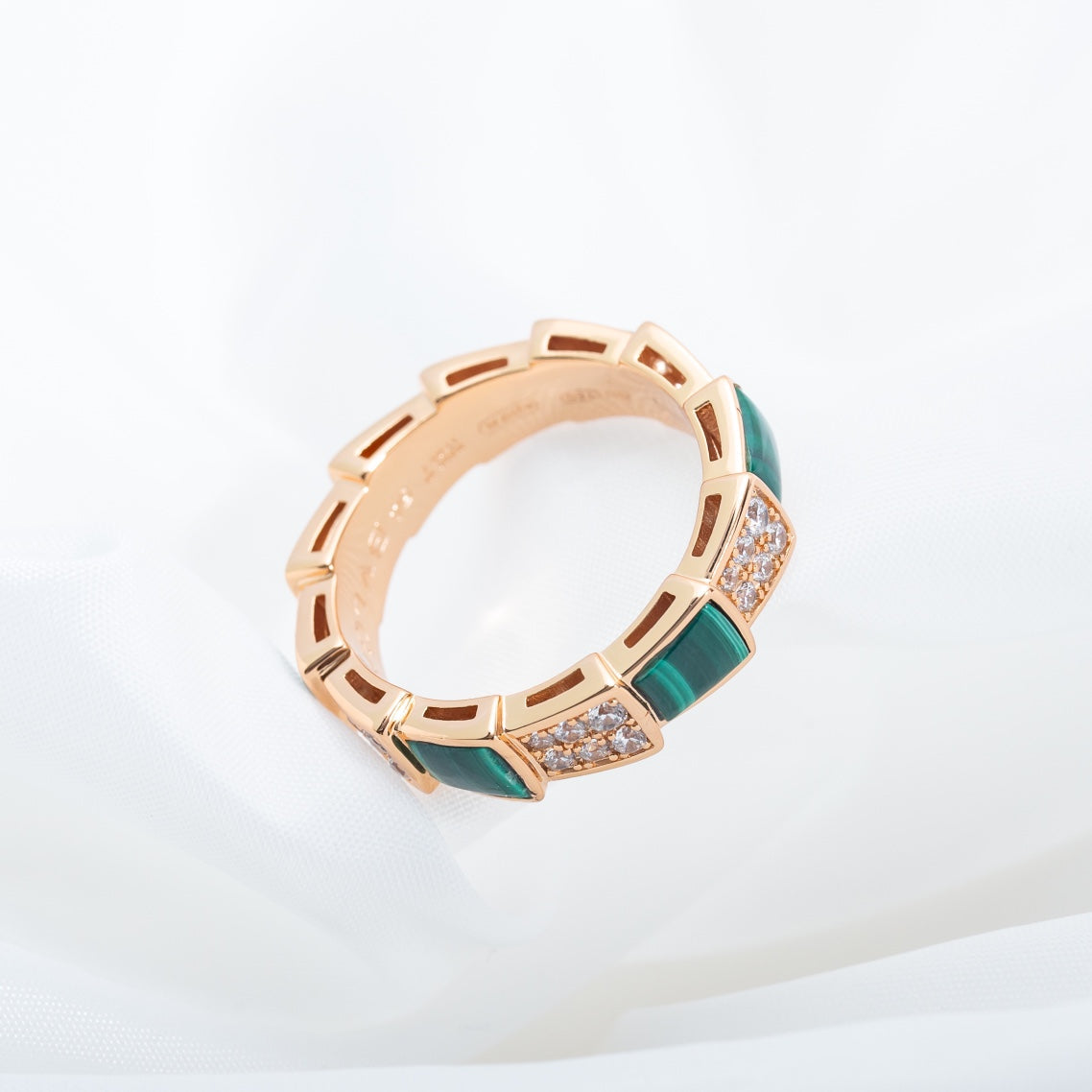 [Solara Jewelry]SERPENTI RING PINK GOLD MALACHITE DIAMOND PAVED 4MM
