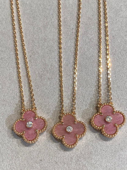 [Solara Jewelry]CLOVER 15MM DIAMOND RHODONITE NECKLACE