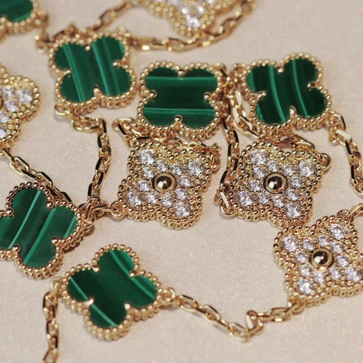 [Solara Jewelry]CLOVER 20 MOTIFS MALACHITE DIAMOND NECKLACE