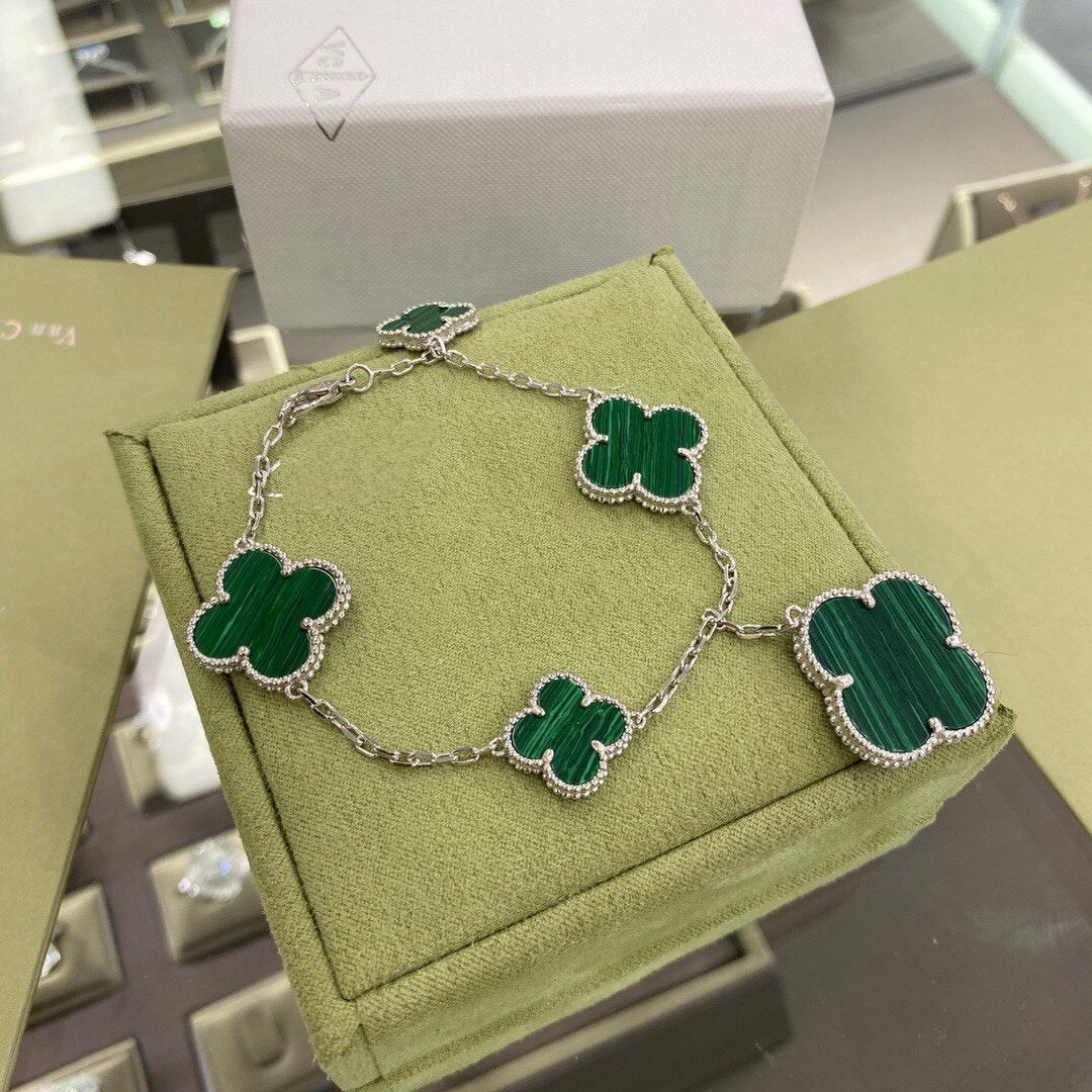 [Solara Jewelry]CLOVER 5 MOTIFS SIVLER MALACHITE BRACELET