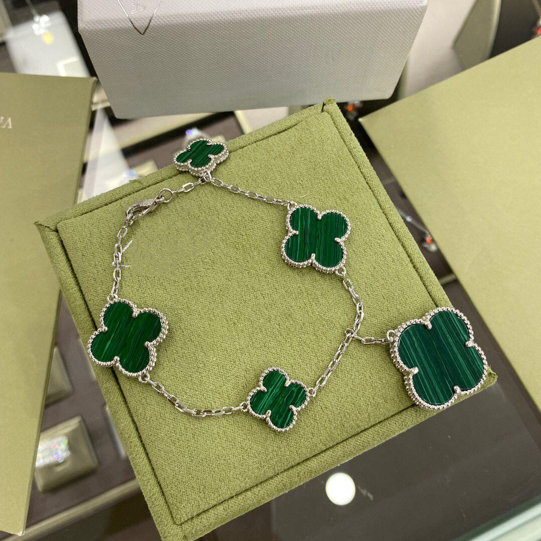 [Solara Jewelry]CLOVER 5 MOTIFS SIVLER MALACHITE BRACELET