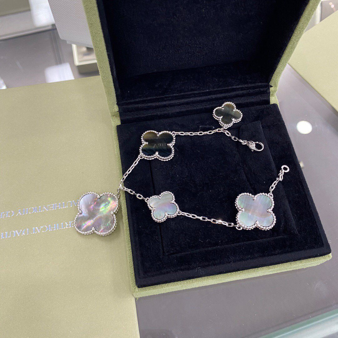 [Solara Jewelry]CLOVER 5 MOTIFS SIVLER DARK MOP BRACELET