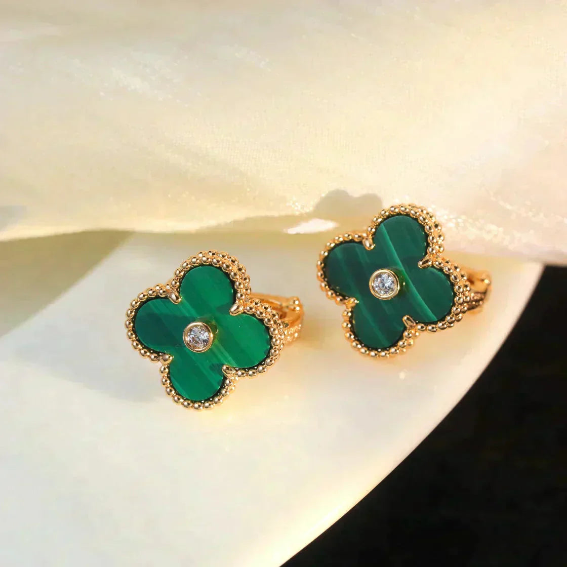 [Solara Jewelry]CLOVER MEDIUM 1 MOTIFS MALACHITE DIAMOND EARRINGS