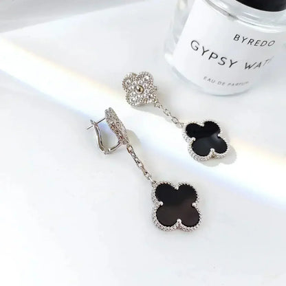 [Solara Jewelry]CLOVER 2 MOTIFS  DIAMOND ONYX EARRINGS SILVER