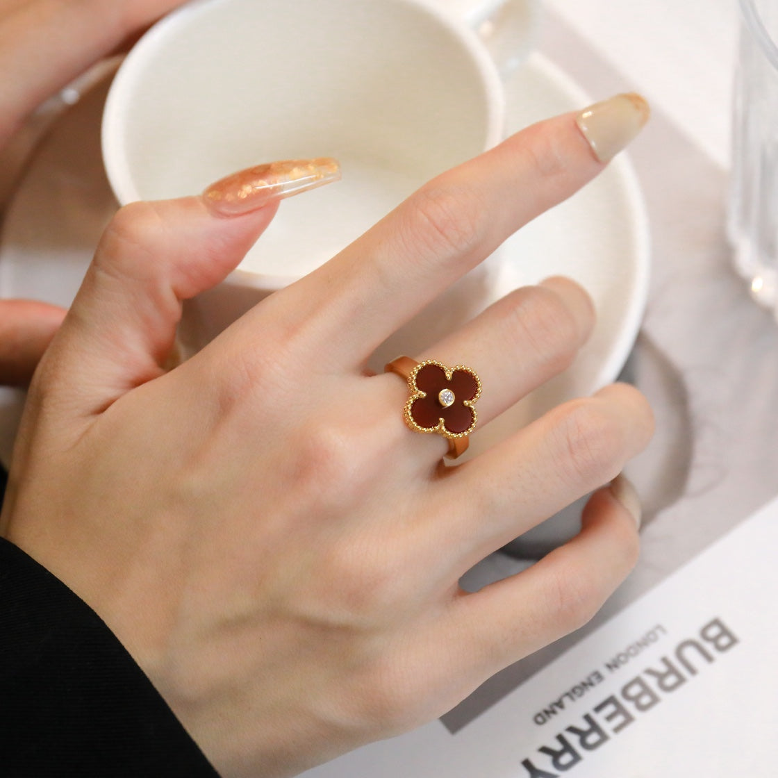 [Solara Jewelry]CLOVER CARNELIAN RING ROSE GOLD DIAMOND