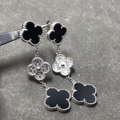 [Solara Jewelry]CLOVER 3 MOTIF DIAMOND ONYX SILVER EARRINGS