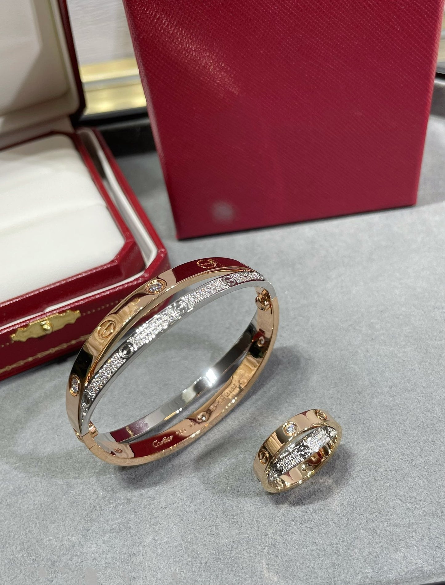 [Solara Jewelry]LOVE PINK GOLD SILVER DIAMOND DOUBLE RING