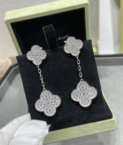 [Solara Jewelry]CLOVER 2 MOTIFS DIAMOND PAVED SILVER EARRINGS