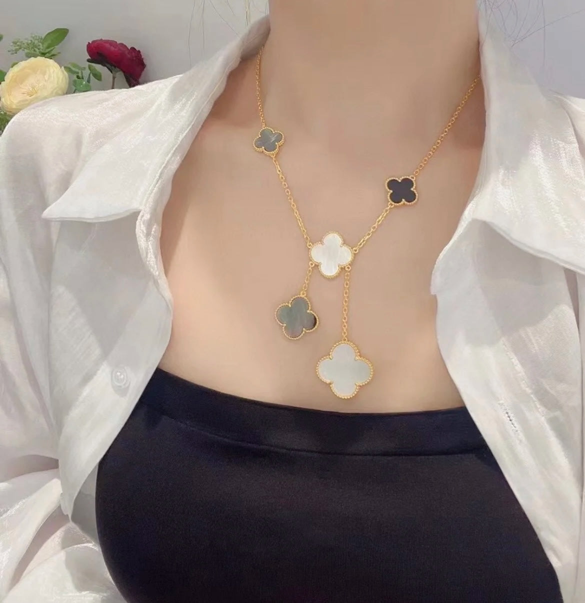 [Solara Jewelry]CLOVER 6 MOTIF MOP ONYX GOLD NECKLACE