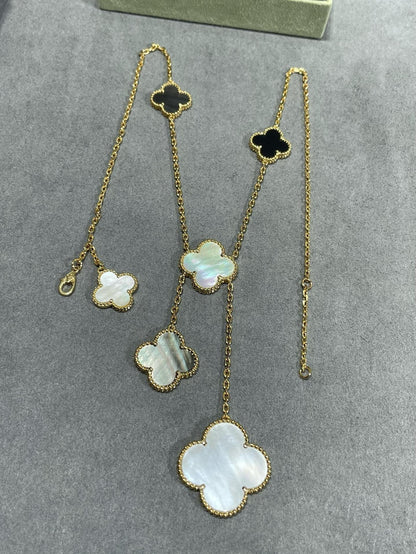 [Solara Jewelry]CLOVER 6 MOTIF MOP ONYX GOLD NECKLACE