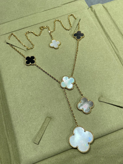 [Solara Jewelry]CLOVER 6 MOTIF MOP ONYX GOLD NECKLACE
