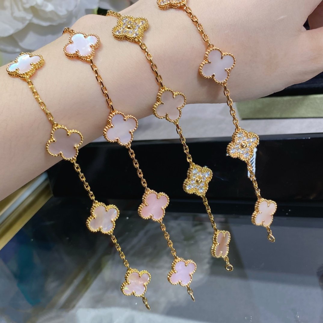 [Solara Jewelry]CLOVER 5 MOTIF DIAMOND PINK MOP PINK GOLD BRACELET