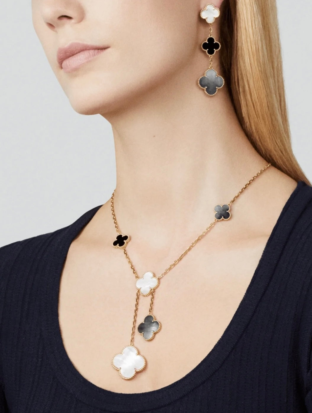 [Solara Jewelry]CLOVER 3 MOTIF MOP ONYX DARK MOP PINK GOLD EARRINGS
