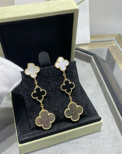 [Solara Jewelry]CLOVER 3 MOTIF MOP ONYX DARK MOP PINK GOLD EARRINGS