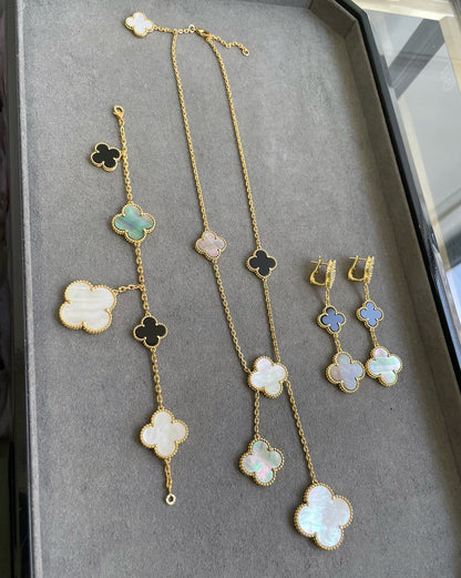 [Solara Jewelry]CLOVER 3 MOTIF MOP ONYX DARK MOP PINK GOLD EARRINGS