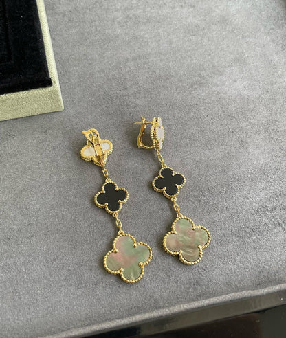 [Solara Jewelry]CLOVER 3 MOTIF MOP ONYX DARK MOP PINK GOLD EARRINGS
