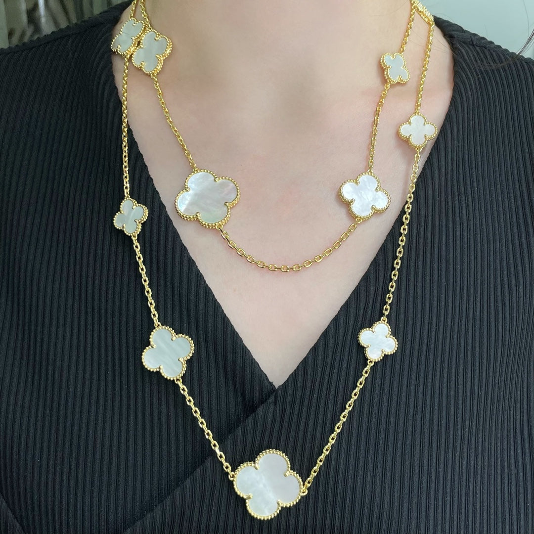 [Solara Jewelry]CLOVER 16 MOTIF WHITE MOP GOLD NECKLACE