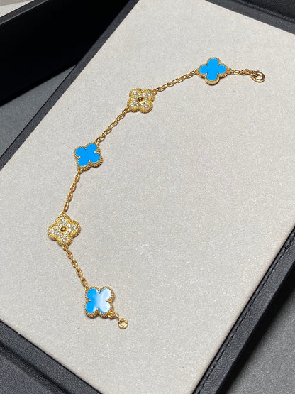 [Solara Jewelry]CLOVER 5 MOTIF BLUE CHALCEDONY DIAMOND GOLD BRACELET