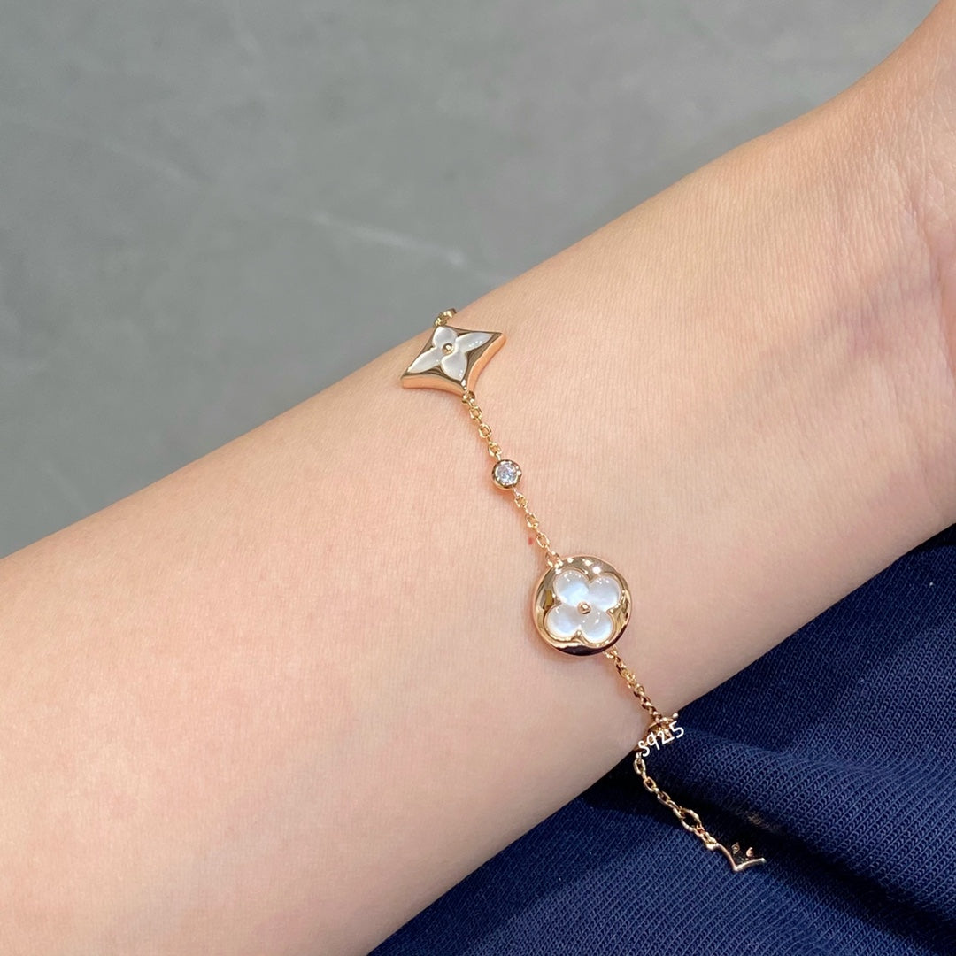 [Solara Jewelry]STAR AND SUN 4 MOTIF WHITE MOP PINK GOLD BRACELET