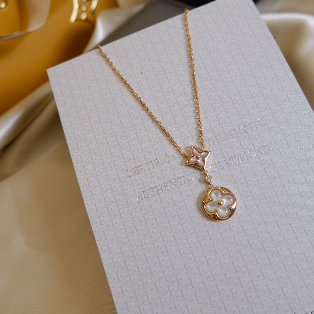 [Solara Jewelry]STAR AND SUN WHITE MOP 2 MOTIF PINK GOLD NECKLACE