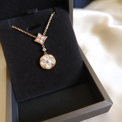 [Solara Jewelry]STAR AND SUN WHITE MOP 2 MOTIF PINK GOLD NECKLACE