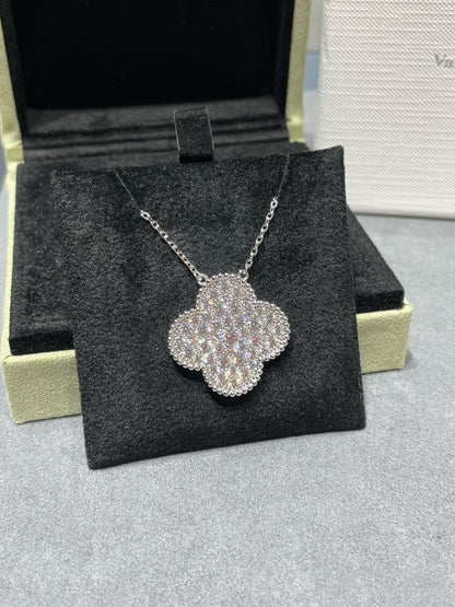 [Solara Jewelry]CLOVER 25MM LARGE PENDANT DIAMOND PAVED SILVER NECKLACE