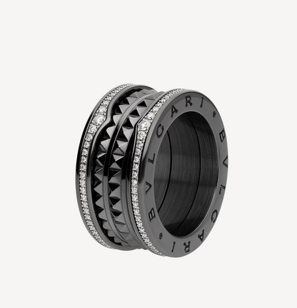 [Solara Jewelry]ZERO 1 ROCK FOUR-BAND BLACK CERAMIC WITH STUDDED SPIRAL AND PAVED DIAMONDS RING