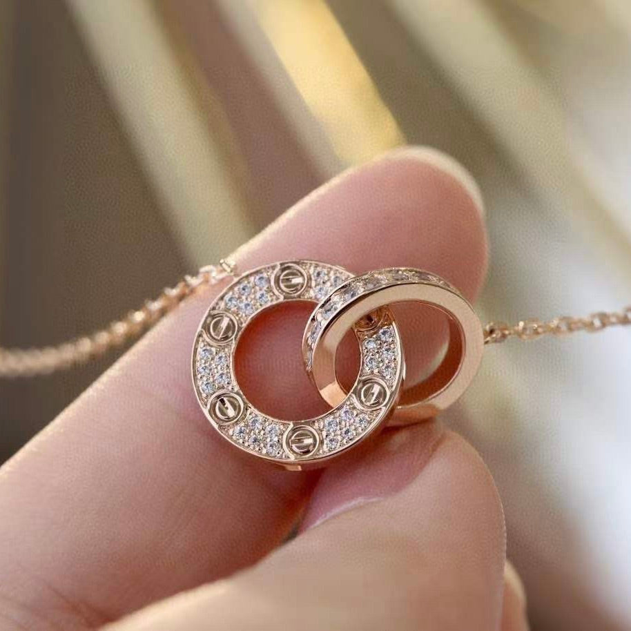 [Solara Jewelry]LOVE 7.6MM NECKLACE ROSE GOLD AND SILVER  FULL DIAMOND