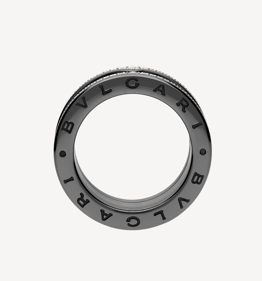 [Solara Jewelry]ZERO 1 ROCK FOUR-BAND BLACK CERAMIC WITH STUDDED SPIRAL AND PAVED DIAMONDS RING
