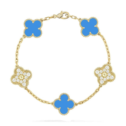 [Solara Jewelry]CLOVER 5 MOTIF BLUE CHALCEDONY DIAMOND GOLD BRACELET